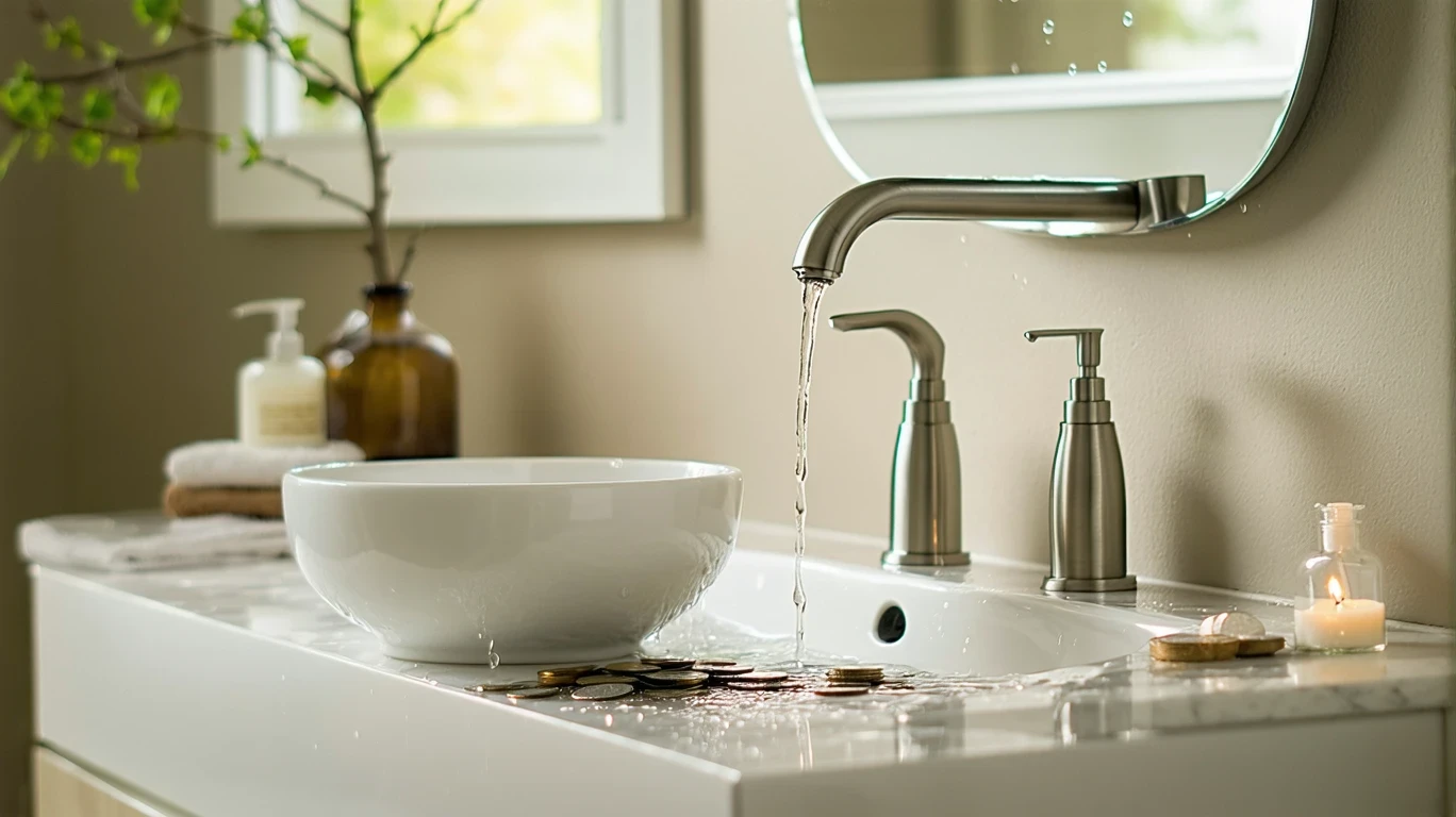 A slow drip from a bathroom faucet falling into a ceramic bowl holding a few coins.