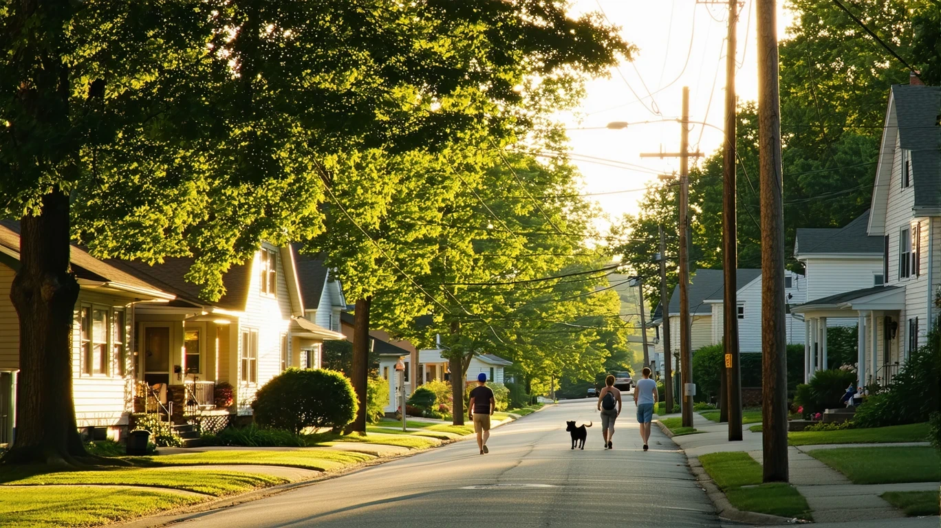 A quiet suburban street in Dublin, Ohio on a sunny morning, with maple trees, telephone wires, and a couple walking their dog.