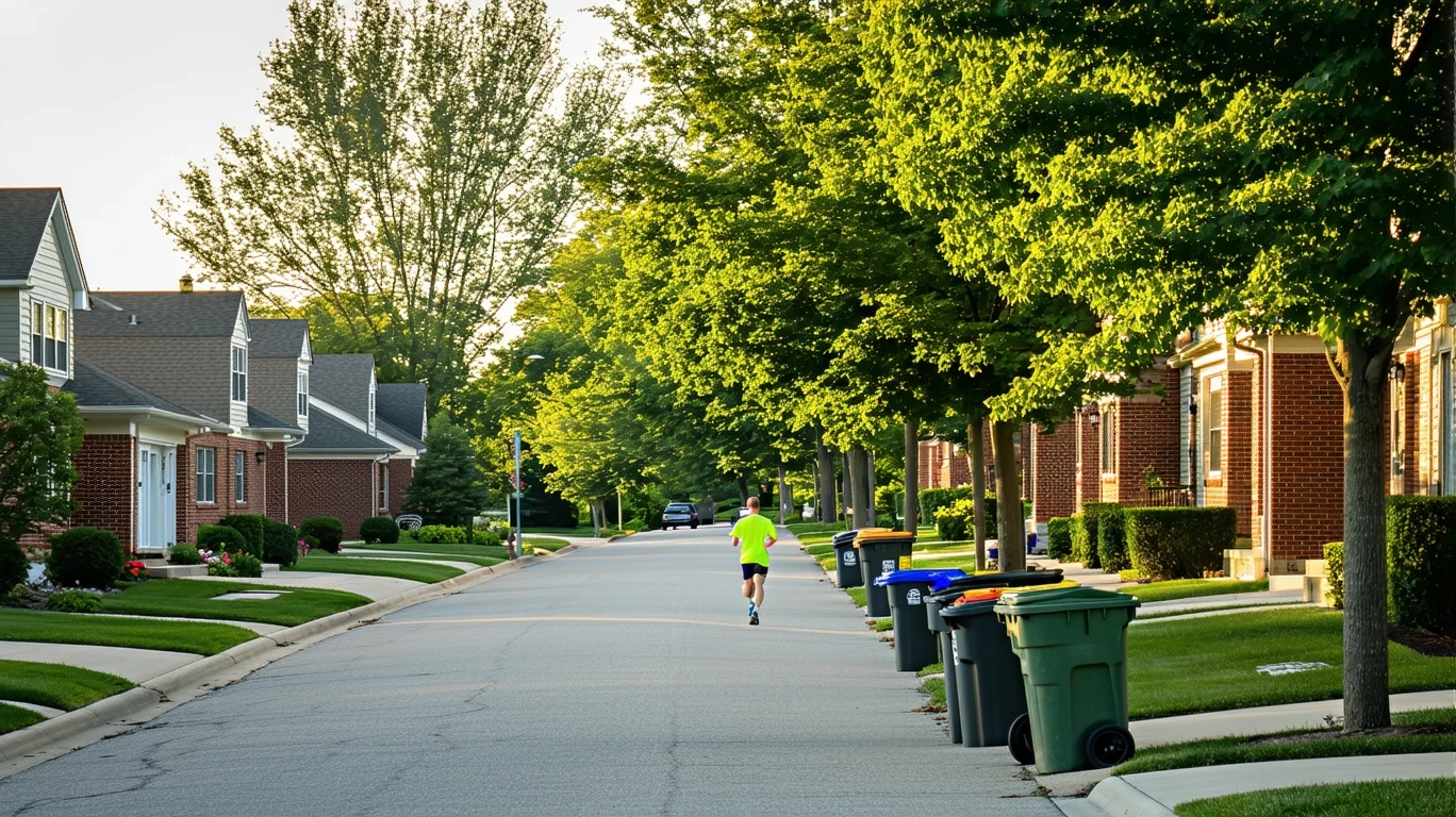 A tidy suburban street in Dublin, Ohio lined with brick homes and trees on a sunny morning, with a jogger passing by.