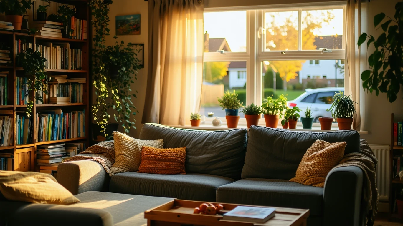A cozy living room in Dublin, Ohio with a couch, bookshelf, and soft light coming through sheer curtains.