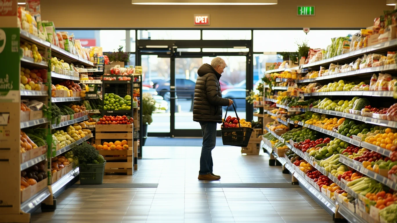 A shopper comparing prices in the produce aisle of a grocery store, holding a basket of fresh vegetables and fruit.