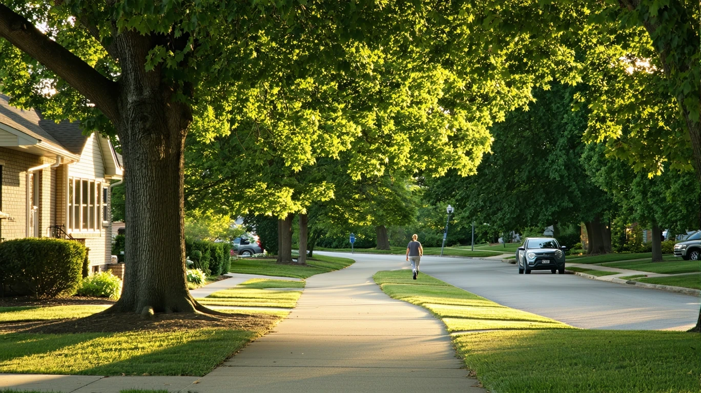A tree-lined sidewalk curving through a suburban neighborhood on a sunny day, with houses visible through the foliage.
