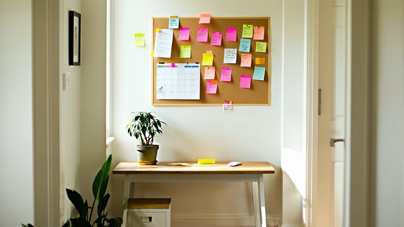 A corkboard with utility bills and a monthly budget pinned up in a tidy home office nook.