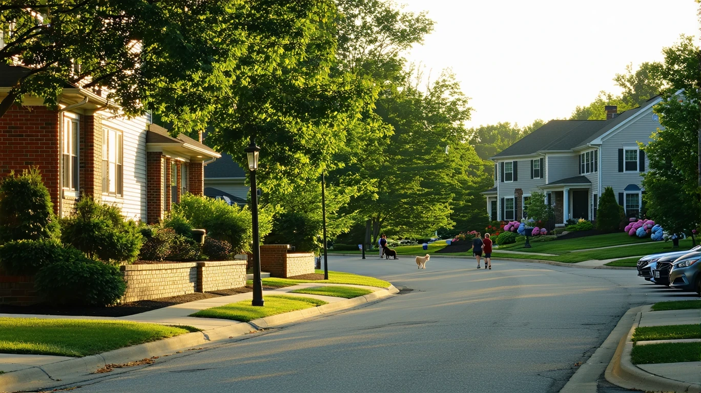 A curved suburban street in Dublin, Ohio lined with two-story brick homes and landscaped yards on a sunny morning.