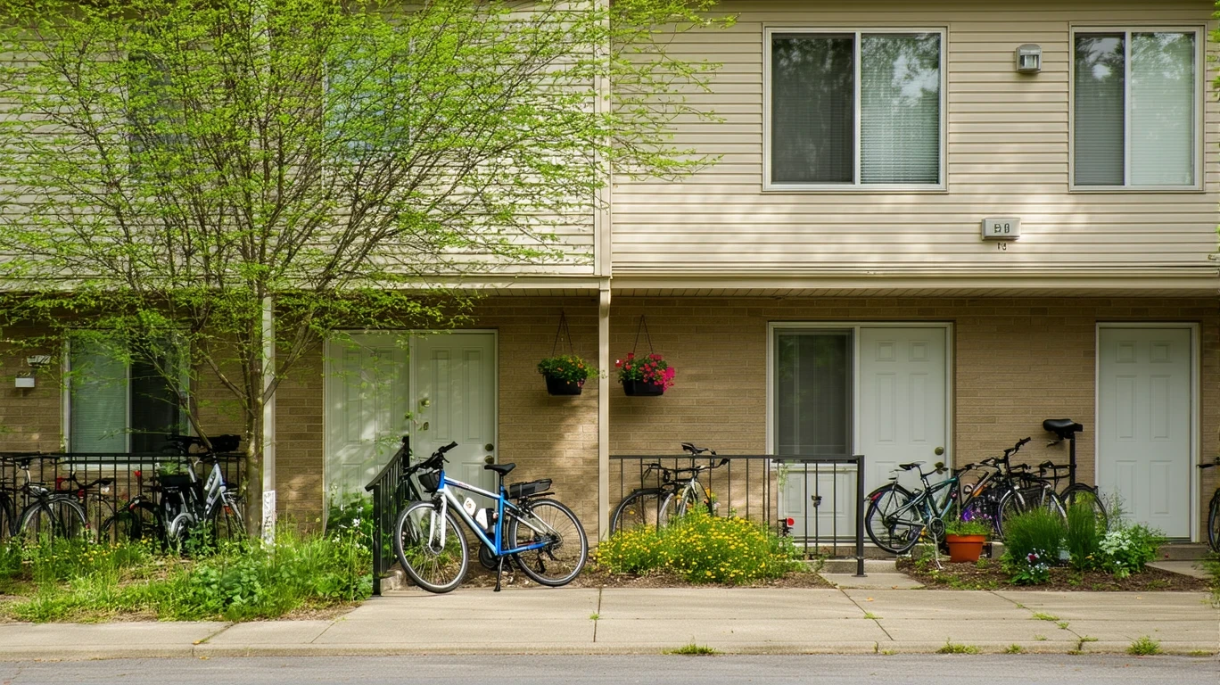 A small, well-kept apartment building in Dublin, OH with potted plants by the doors and two bicycles leaning on the railing.