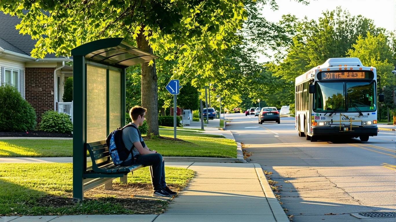 A man waiting at a bus stop bench in Dublin, Ohio as a COTA bus approaches.