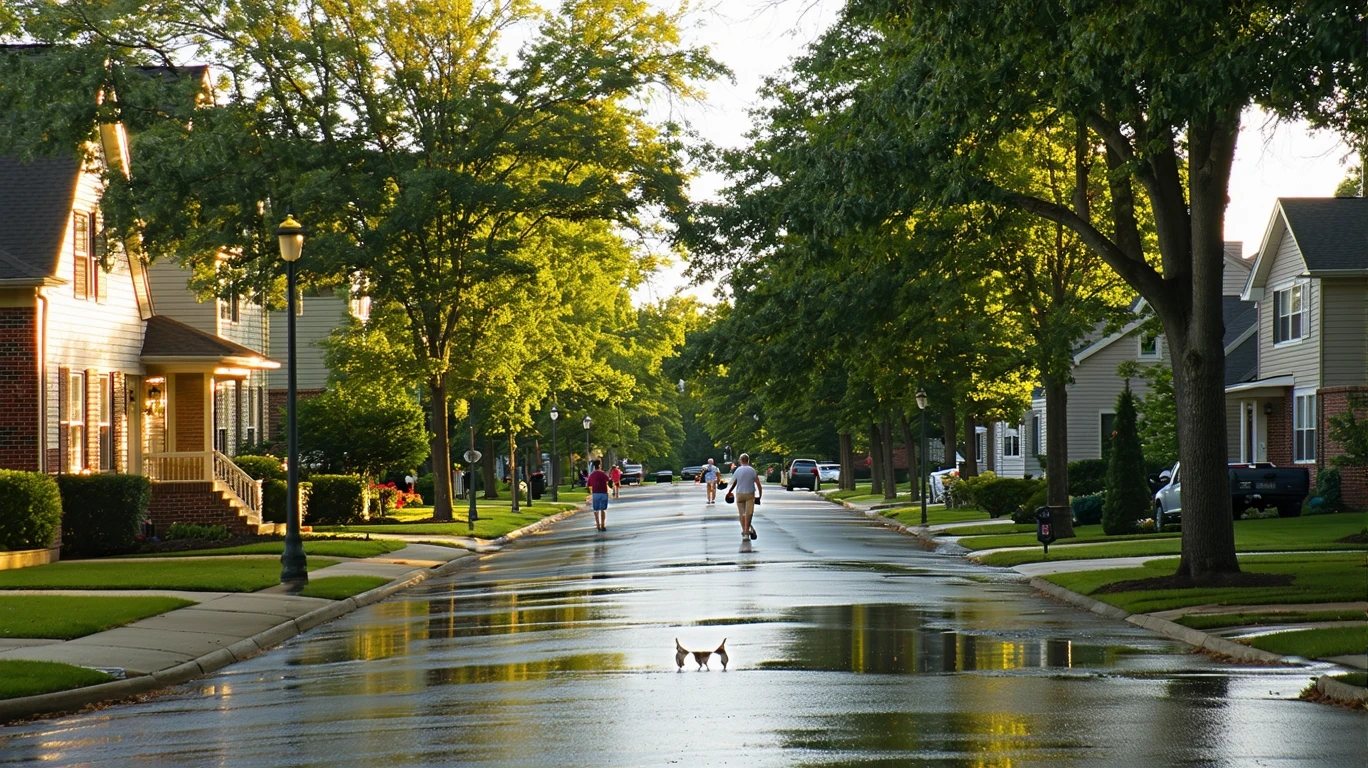 A suburban street in Dublin, Ohio on a sunny afternoon after rain, with reflections of trees in puddles and a few people out walking.