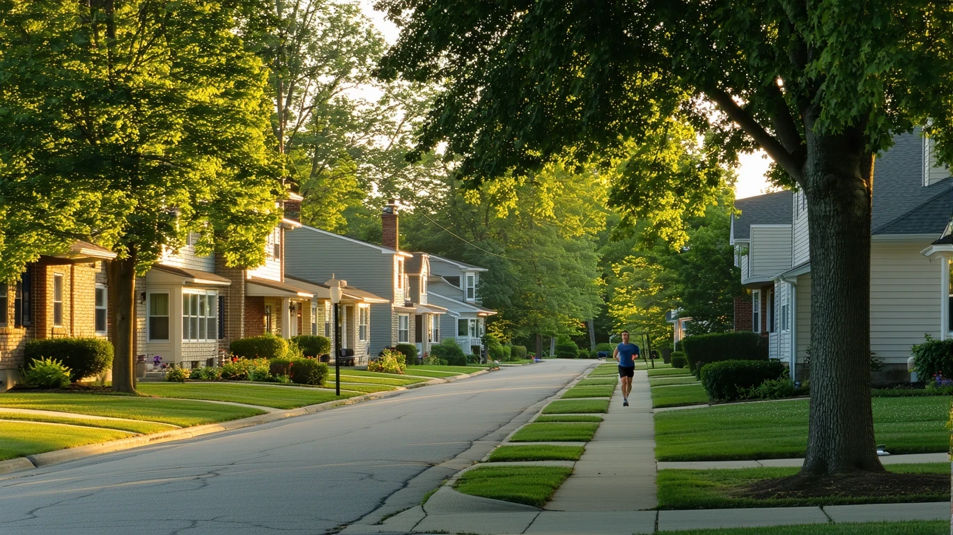 A tidy residential street in Dublin, Ohio lined with one-story homes and mature trees, with a person visible walking in the distance.