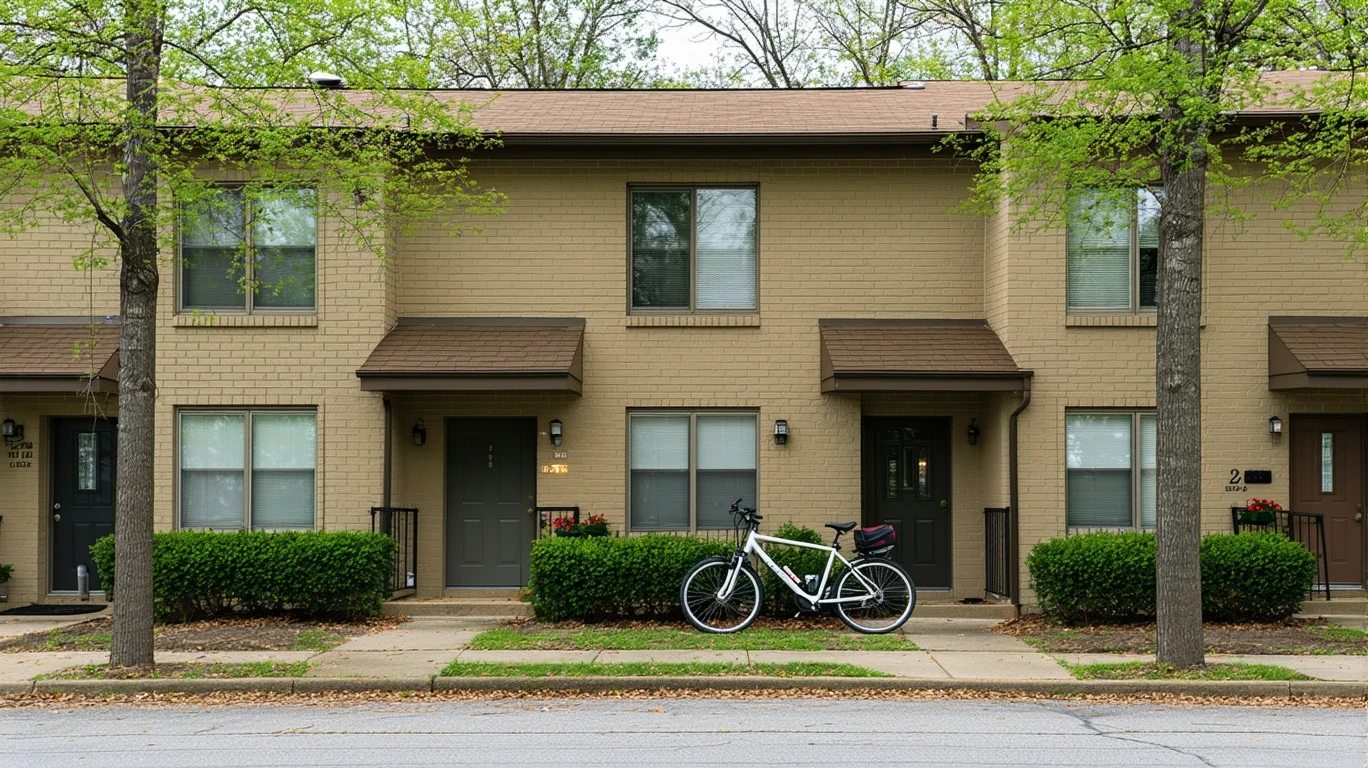 A row of apartments with bicycles and potted plants in Duluth, Georgia.