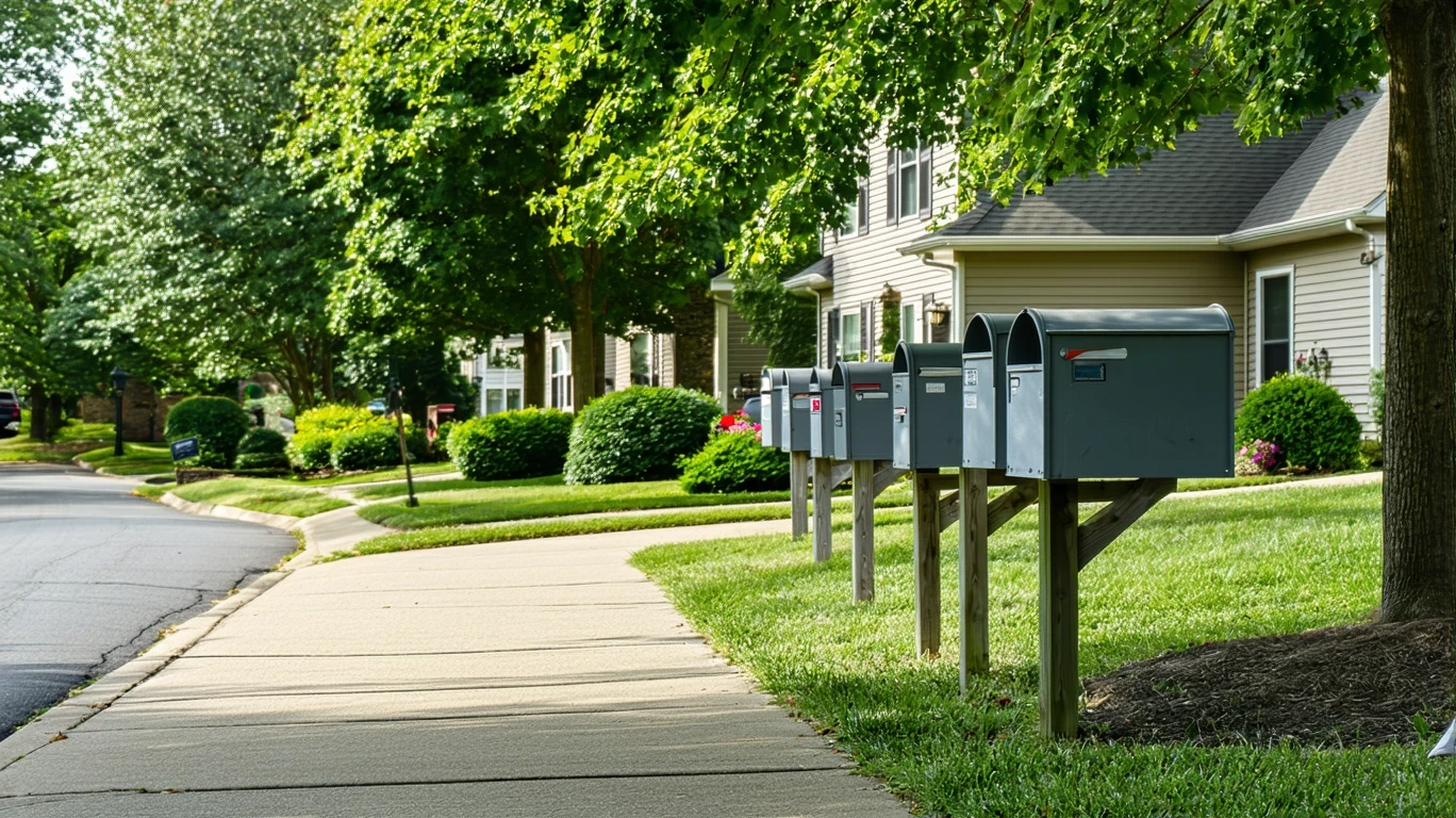 A sunlit suburban sidewalk in Duluth, Georgia with several gray metal mailboxes in a row and homes visible in the background.