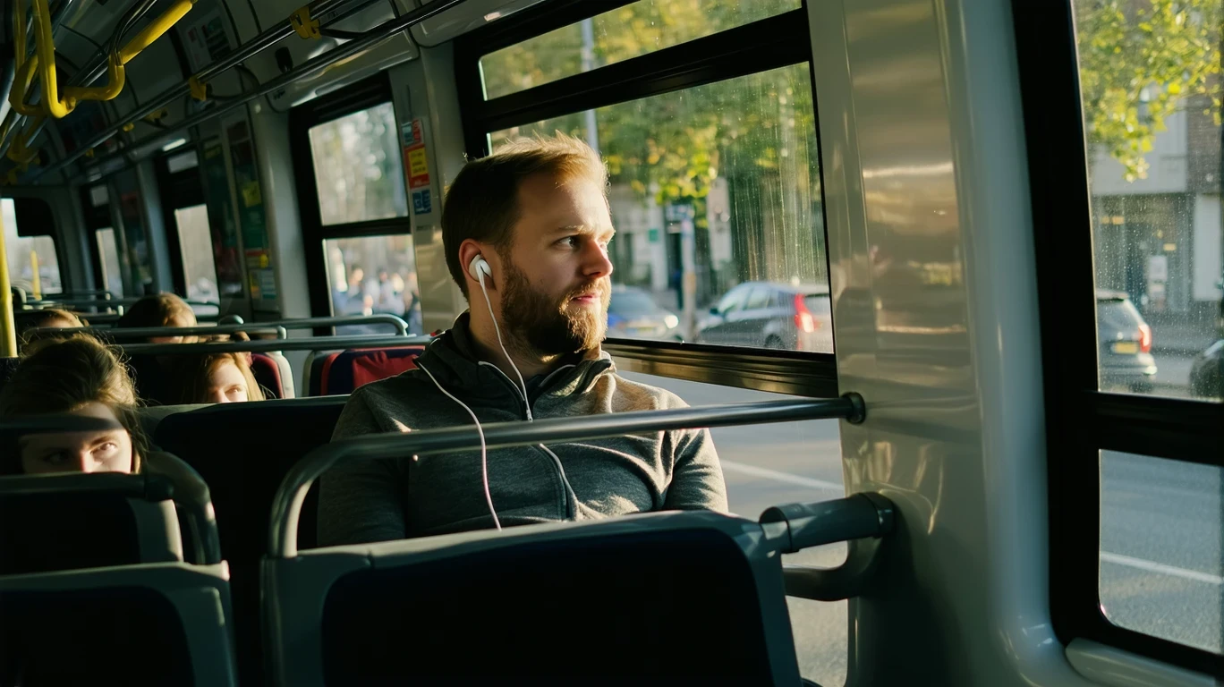 A man sitting on a bus looking out the window, with trees reflected in the glass.