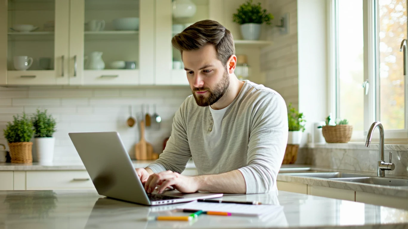 A single parent reviews their household budget on a laptop at their kitchen counter in a suburban home.