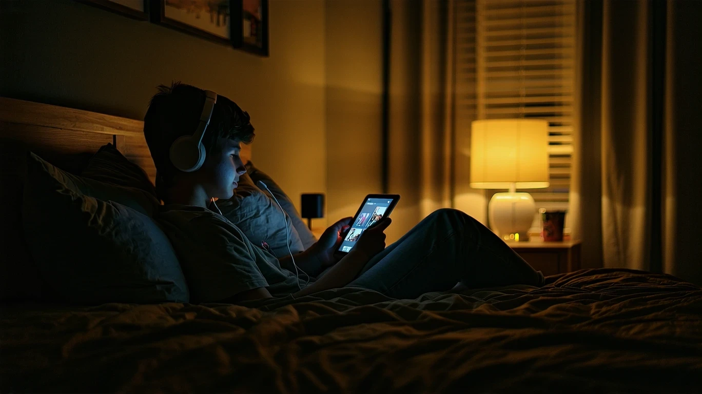 A teenager lounges in bed watching streaming content on a tablet, surrounded by warm lighting and cozy bedroom decor.