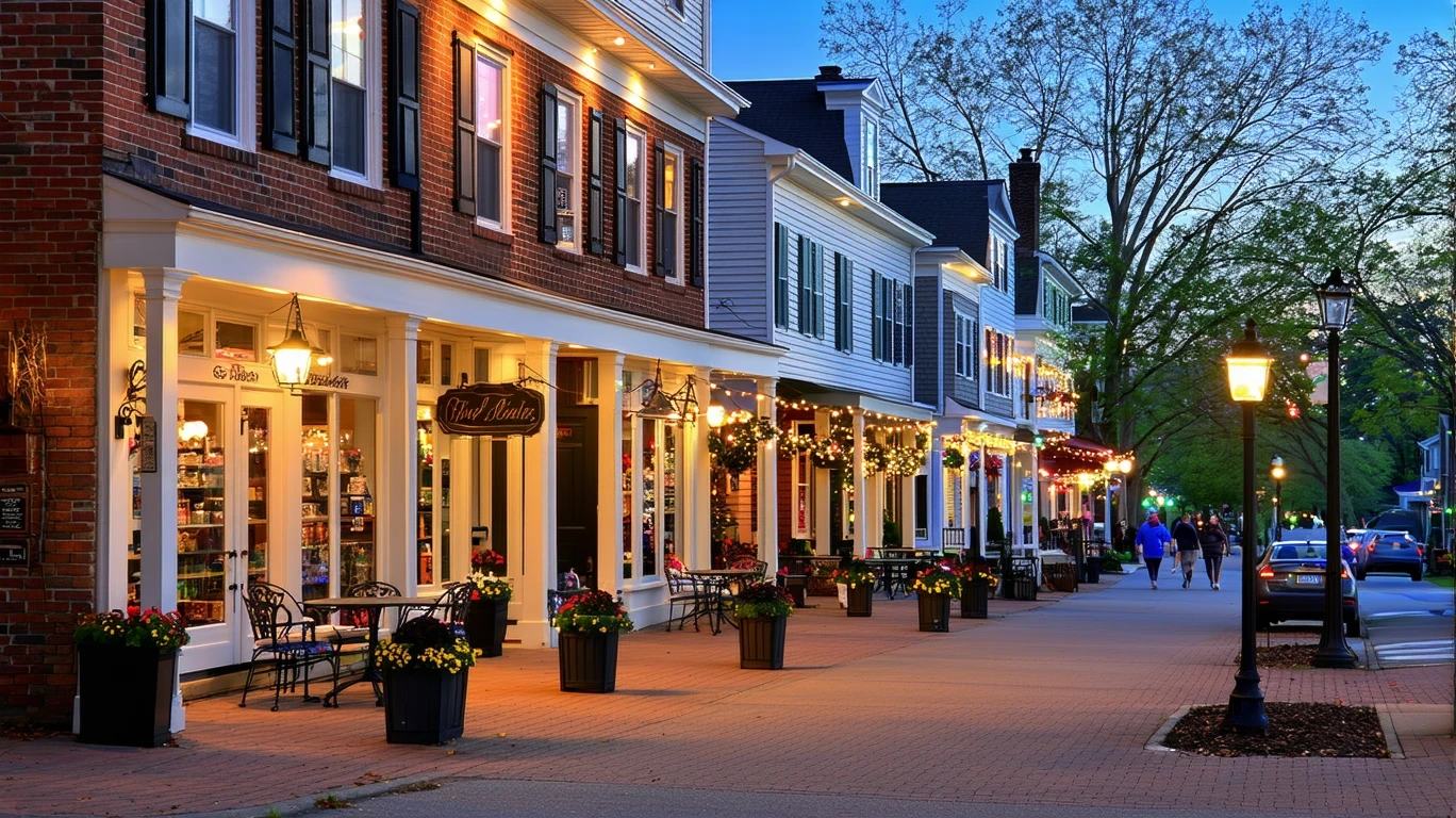 A quaint street in Duluth, Georgia at dusk, showing small local shops with patios and string lights beside a residential neighborhood.