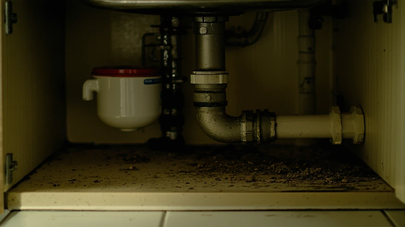 Close up view of a water meter and piping under a dimly lit kitchen sink.