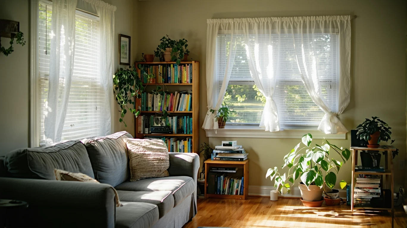 A sunlit living room with a gray couch and bookshelf in a suburban home.