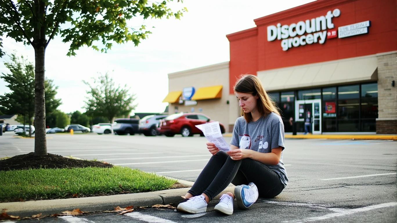Young woman sitting on curb outside grocery store, reviewing receipt