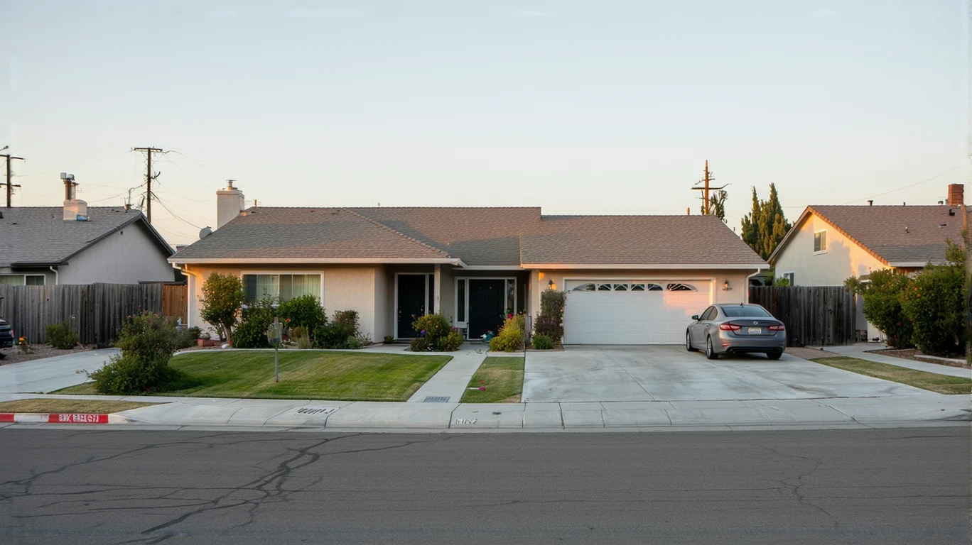 A single-story home on a residential corner with a patchy lawn, parked car, and power lines overhead.