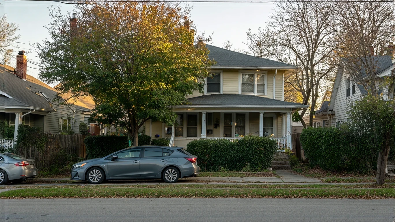 Older suburban house with patchy lawn and car parked on street