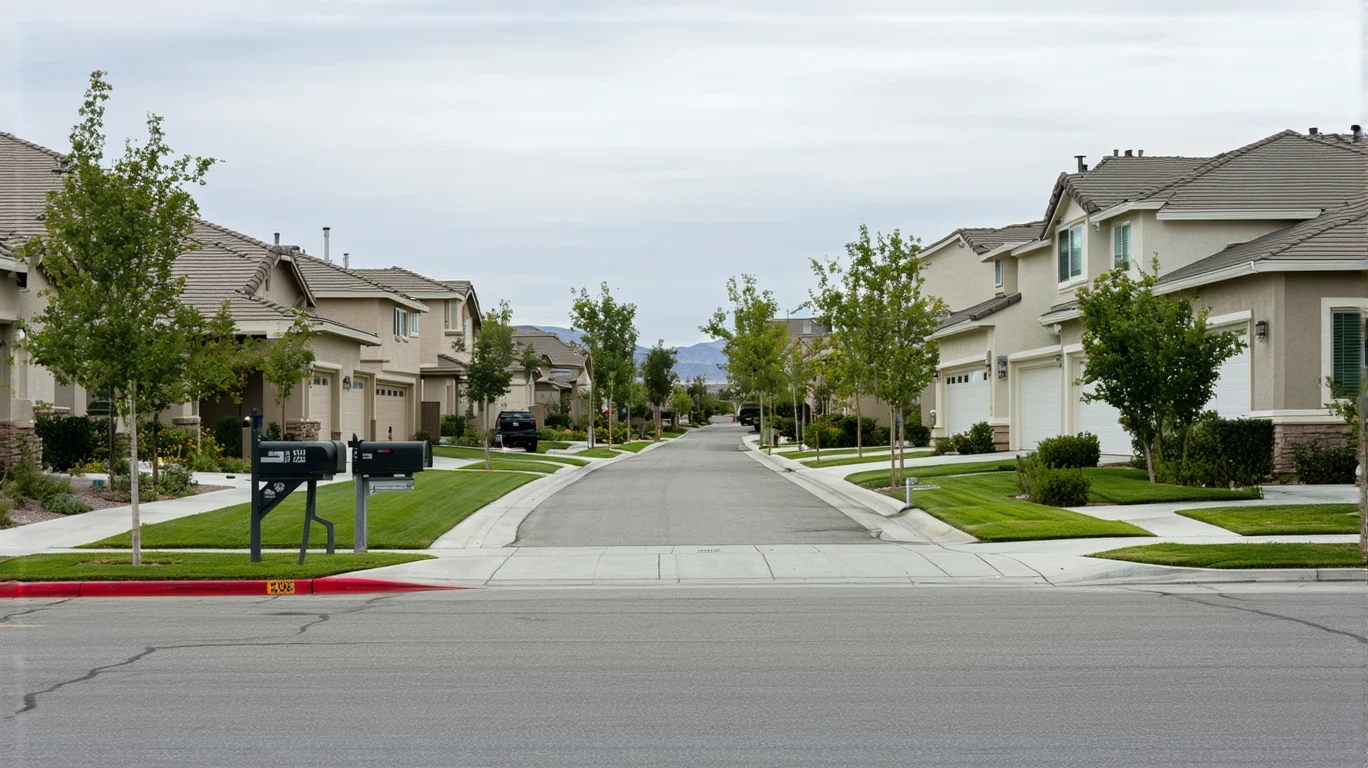 A residential street in Eastvale with mailboxes and wet pavement on an overcast day