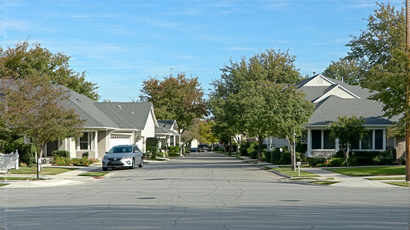 A residential corner in Riverside with homes, yards, a parked car and power lines