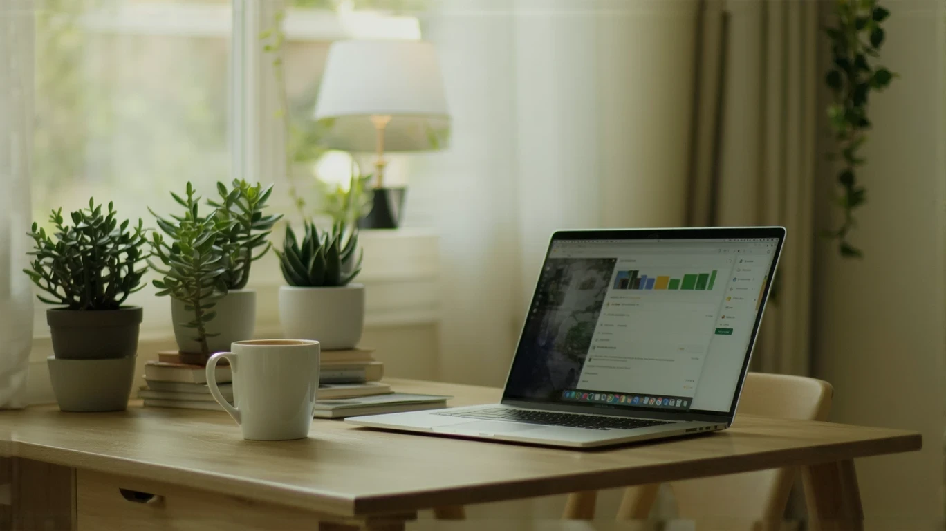 A tidy home office desk with a laptop showing a budget app, coffee mug, and succulent.