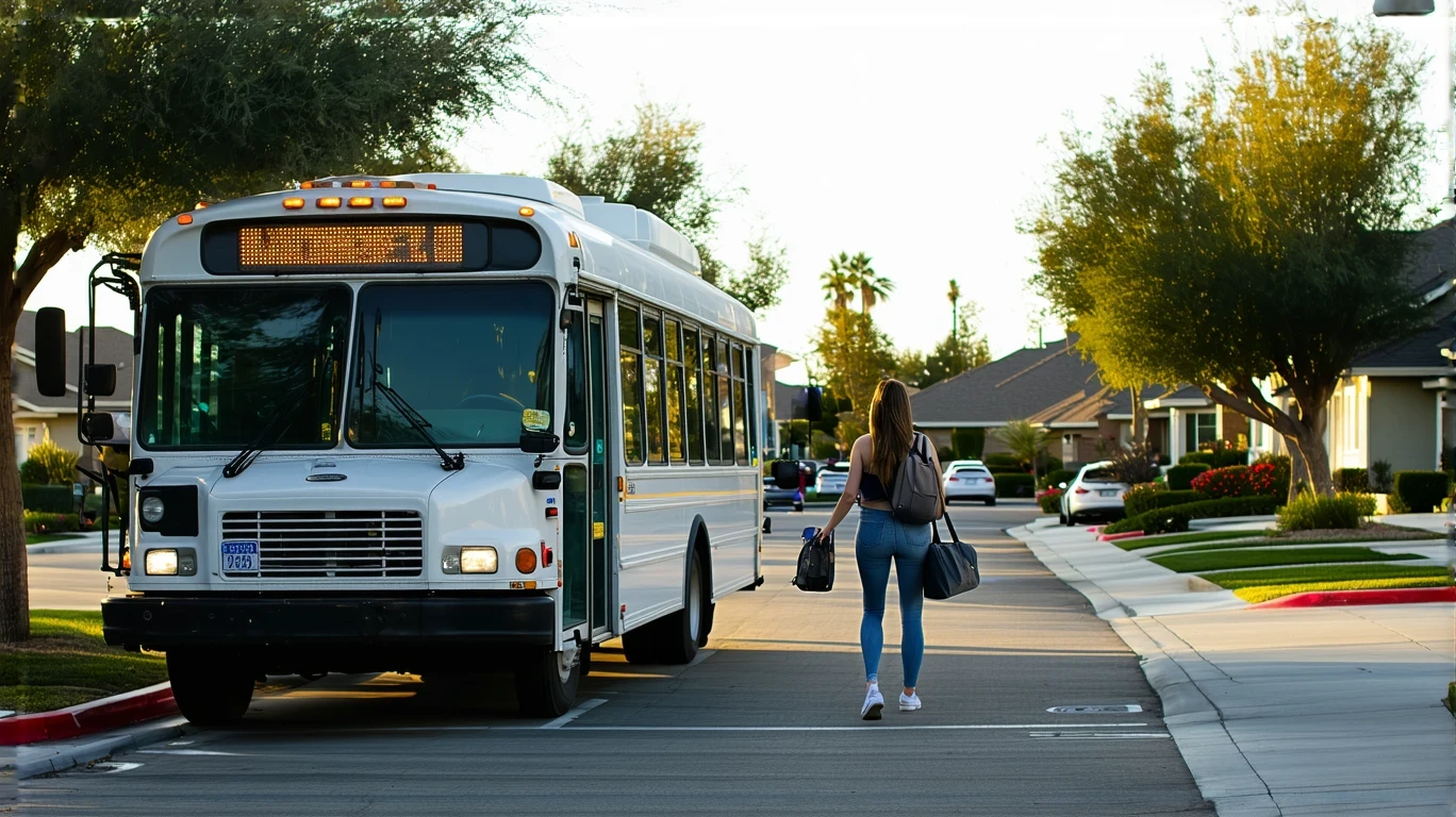 Woman boarding a shuttle bus on a residential street corner in Eastvale, California