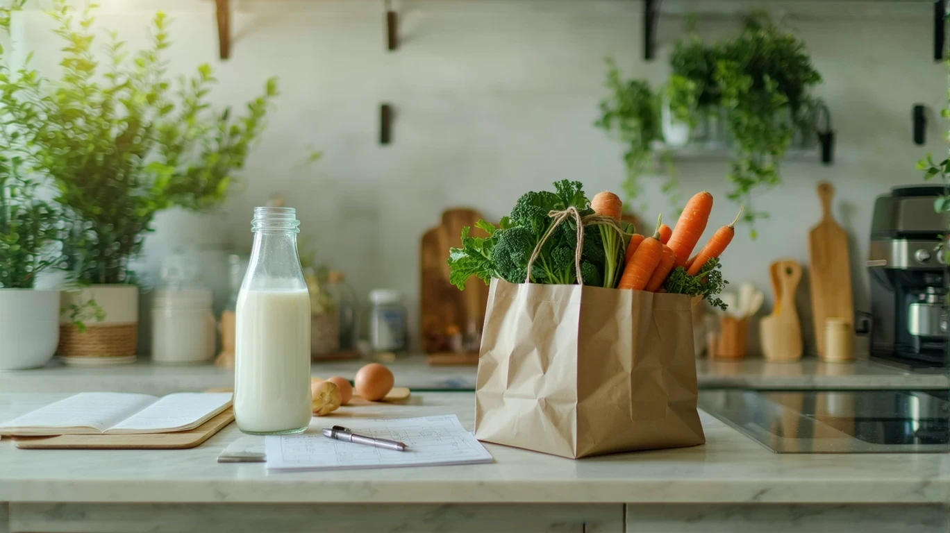 A grocery bag, shopping list, and receipts on a kitchen counter