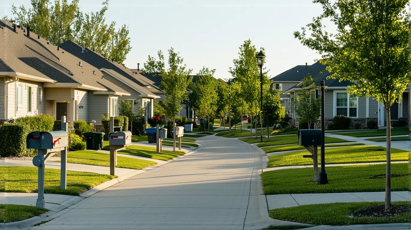 A suburban sidewalk curving past a row of gray metal mailboxes in front of stucco homes with tidy yards on a sunny day.