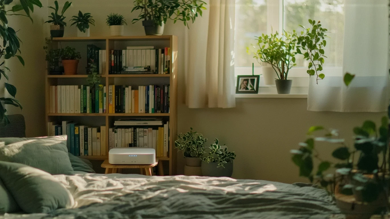 A bookshelf with books, plants, photos, and a Wi-Fi router in an apartment living room.