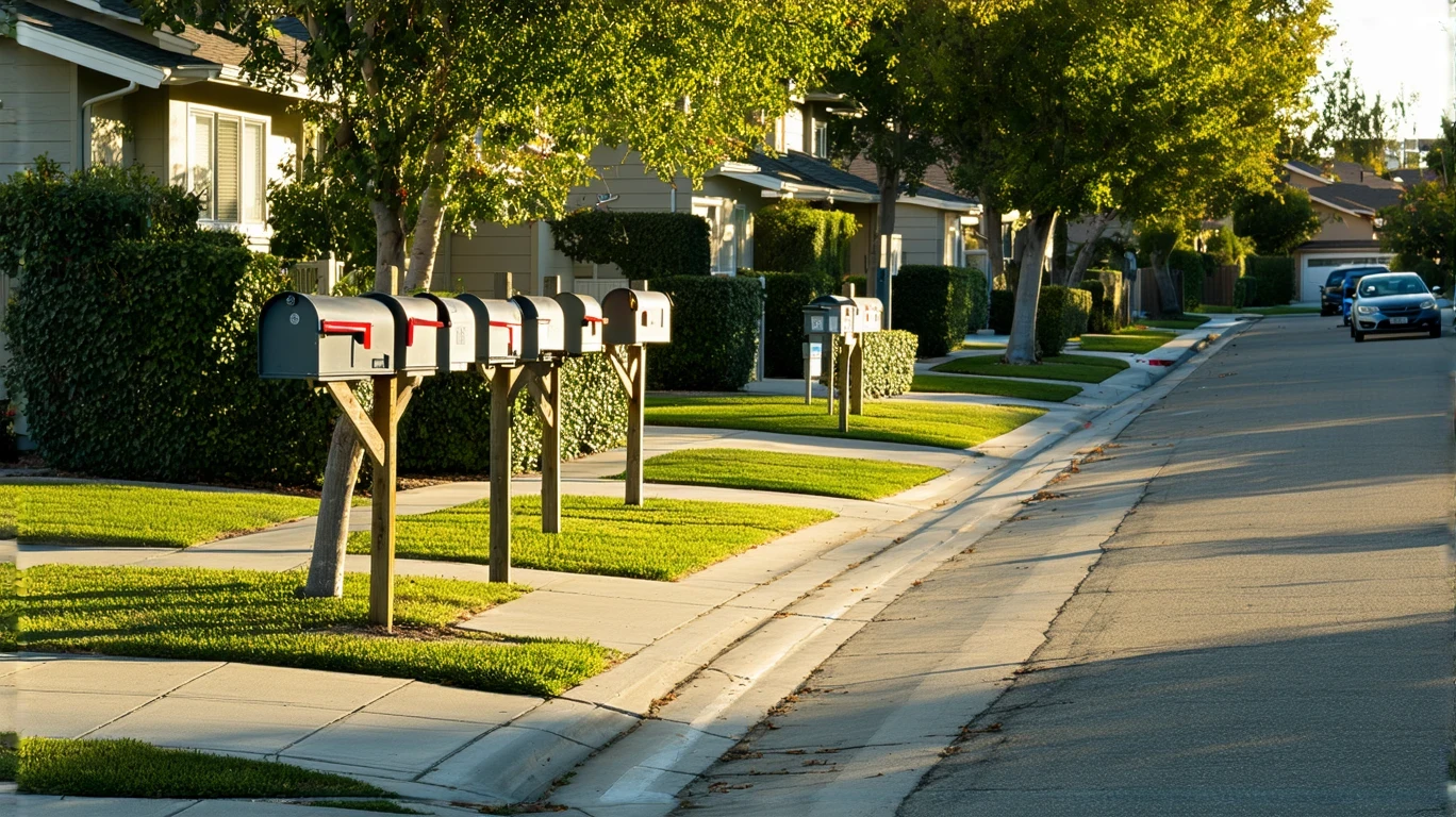 A suburban sidewalk curving past several mailboxes, with homes visible in the background on a sunny day.