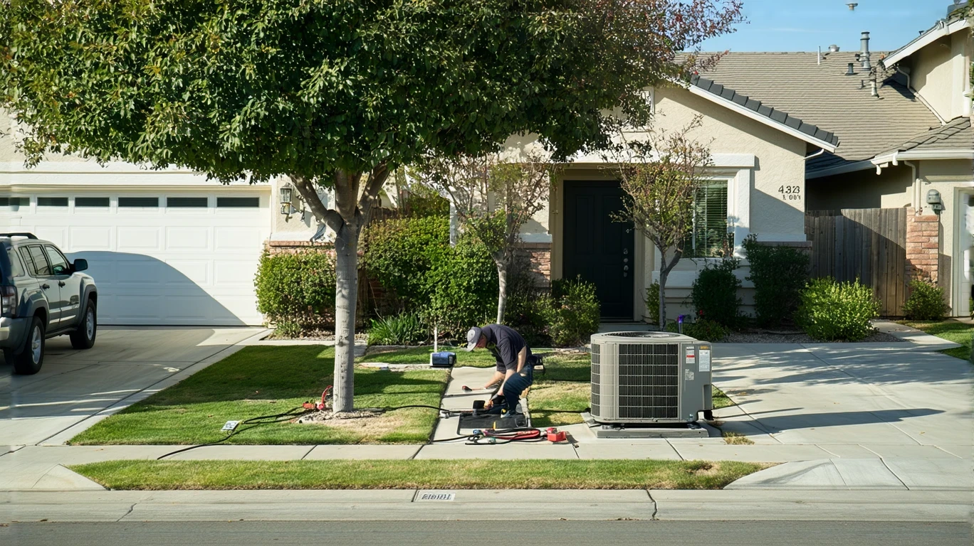 HVAC technician servicing an outdoor AC unit in the front yard of an Eastvale home on a summer day