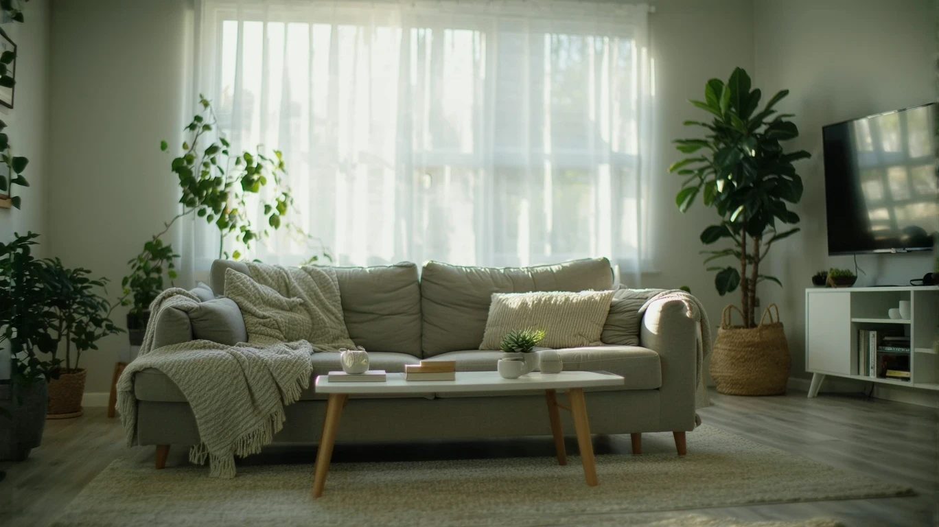 Sunlight filters into a modern living room with a couch and bookshelf.