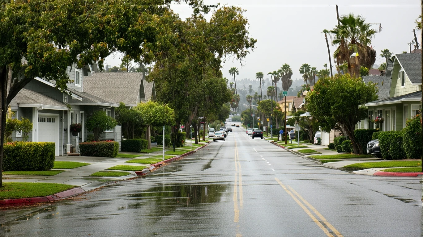 Palm trees reflected in puddles on a broad avenue lined with bungalows and shops.