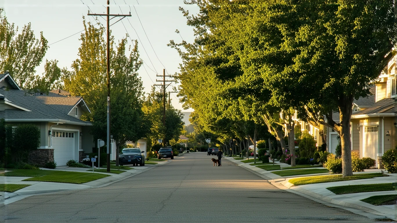 A sunlit residential street in Eastvale, California with maple trees, telephone wires, and a person walking a dog on the sidewalk past modest single-family homes.