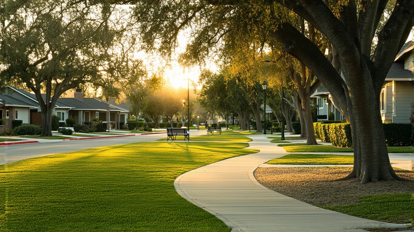 A park lawn with benches and oak trees, suburban homes visible in the background at sunset.
