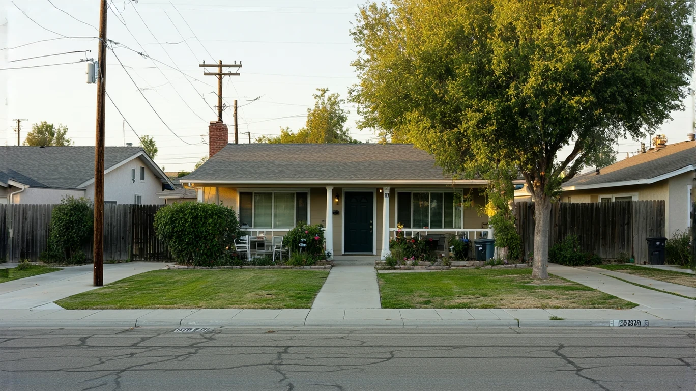 Exterior view of a single-story home with patchy lawn and older car parked on street.
