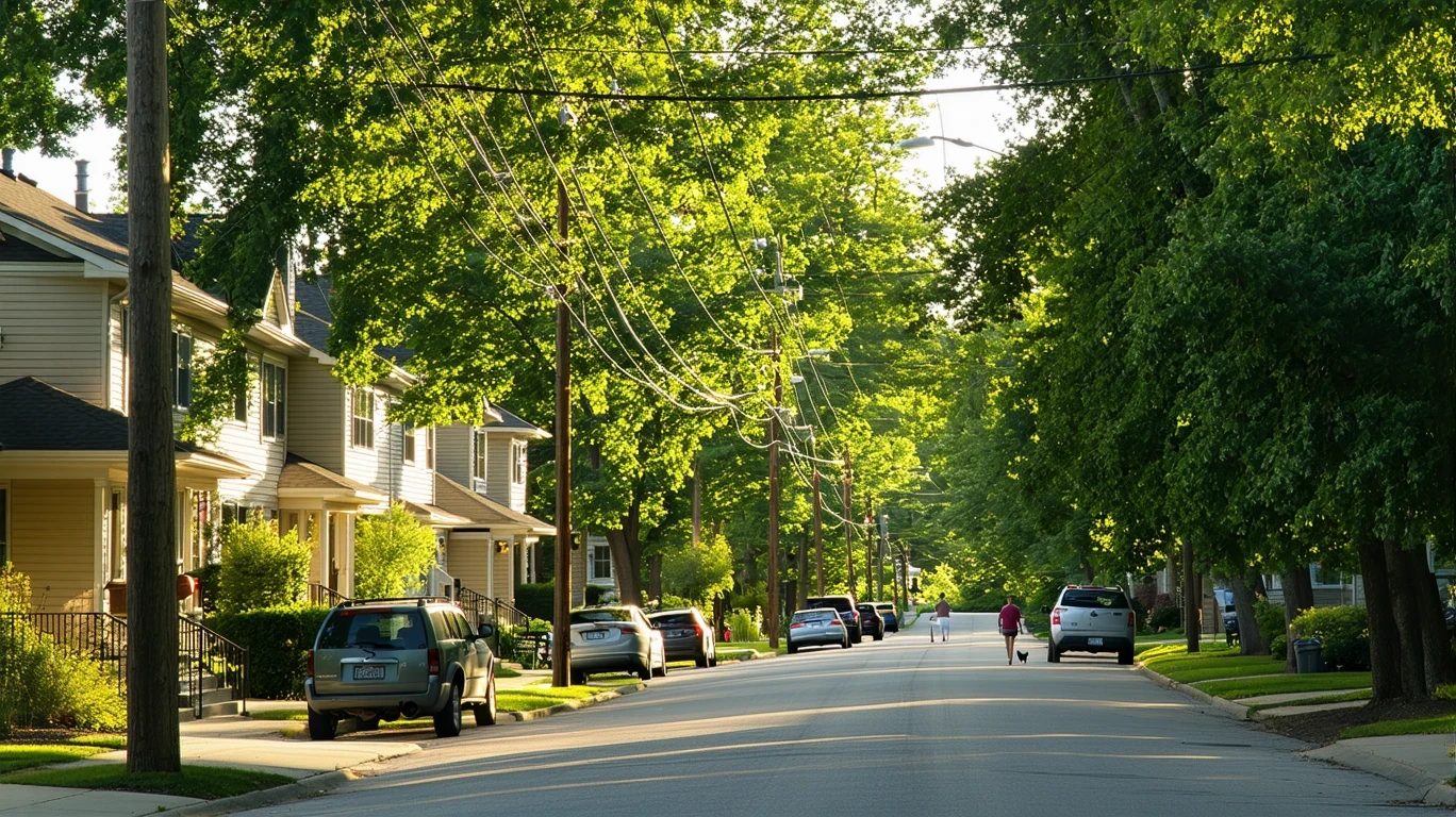 A tree-lined residential street in Elmhurst, Illinois on a summer day, with sunlight filtering through maple leaves and telephone wires overhead.