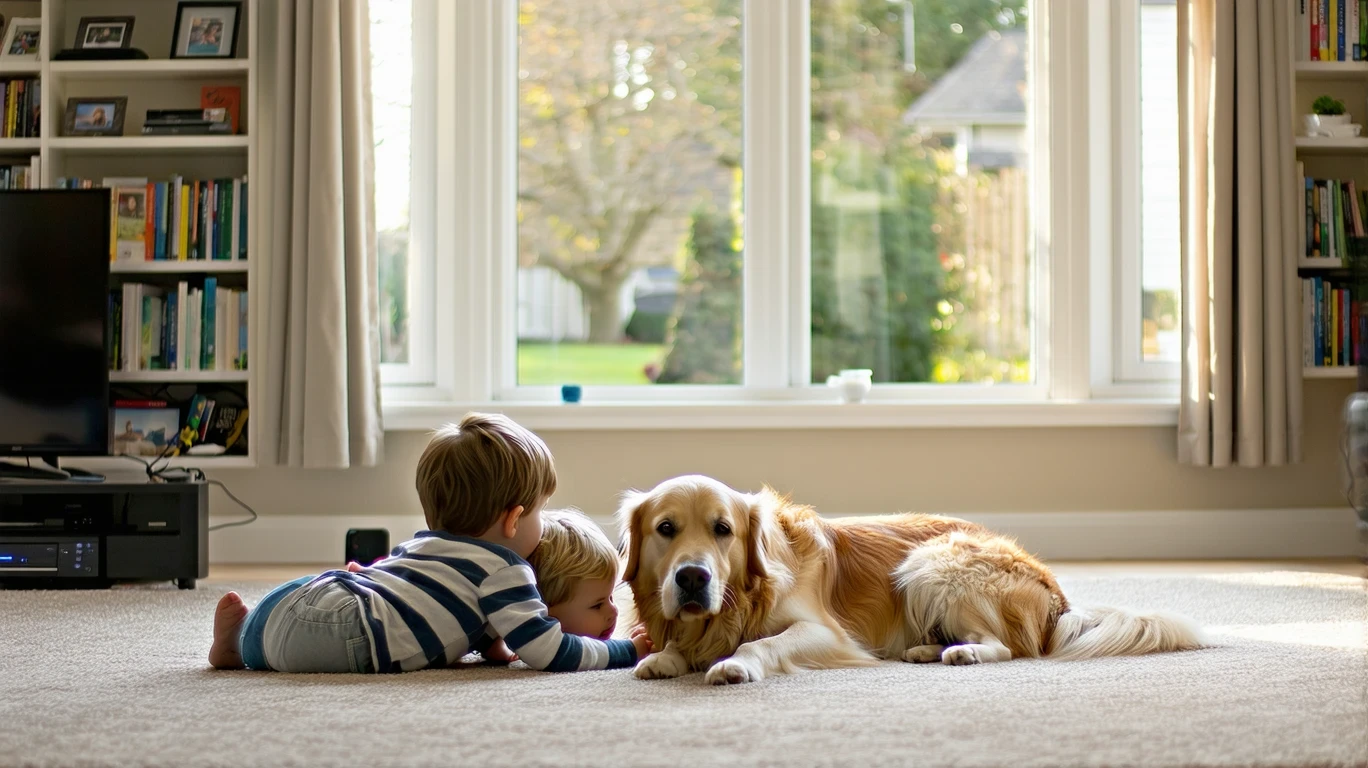 Two kids lying on the floor watching TV with a dog sleeping between them in a tidy suburban living room.