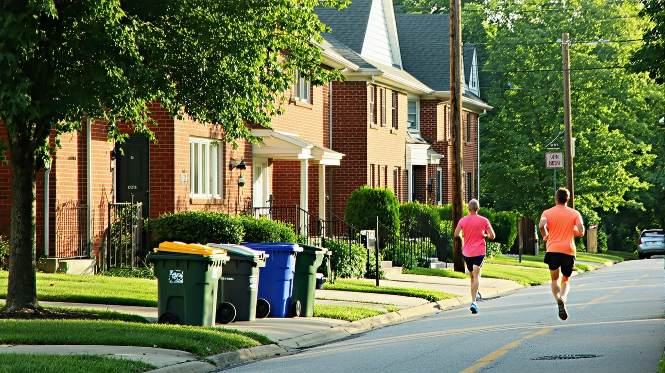 A tree-lined residential street in Elmhurst, IL with red-brick homes and a jogger running past recycling bins on the curb.