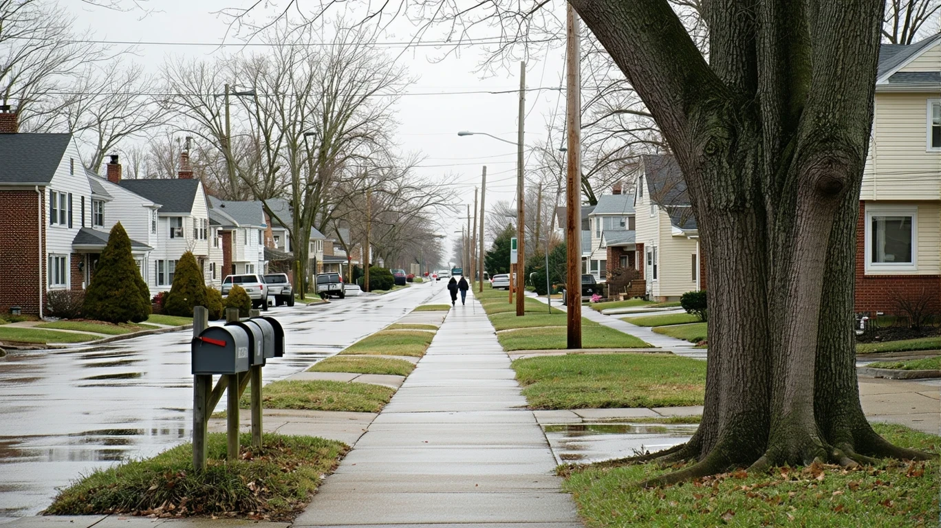 A suburban street in Elmhurst, Illinois on a cloudy day, with a sidewalk curving past mailboxes and small single-family homes.