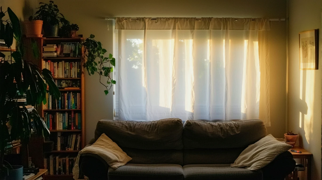 Sunlight filters into a cozy living room in Aurora, Illinois, highlighting a couch, bookshelf, and houseplant.