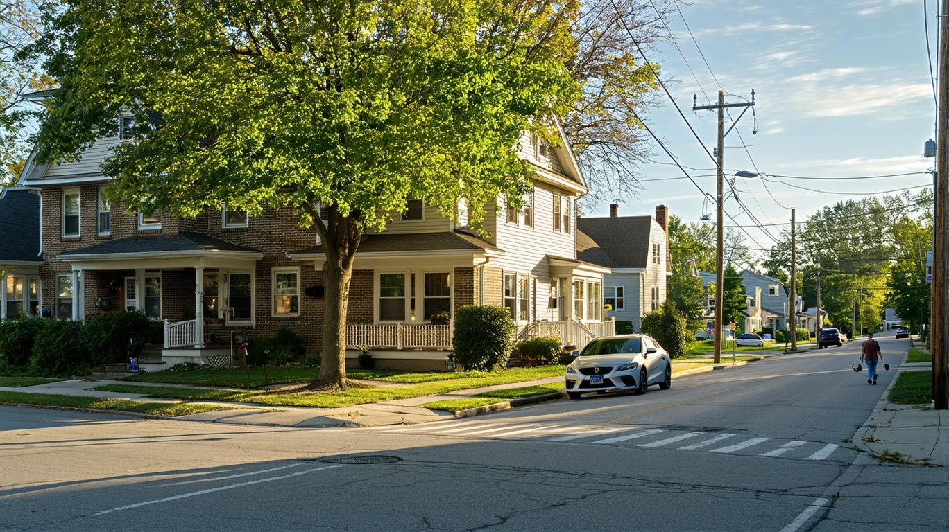 A residential street corner in Elmhurst, Illinois with two-story homes, mature trees, and an older car parked on the curb.