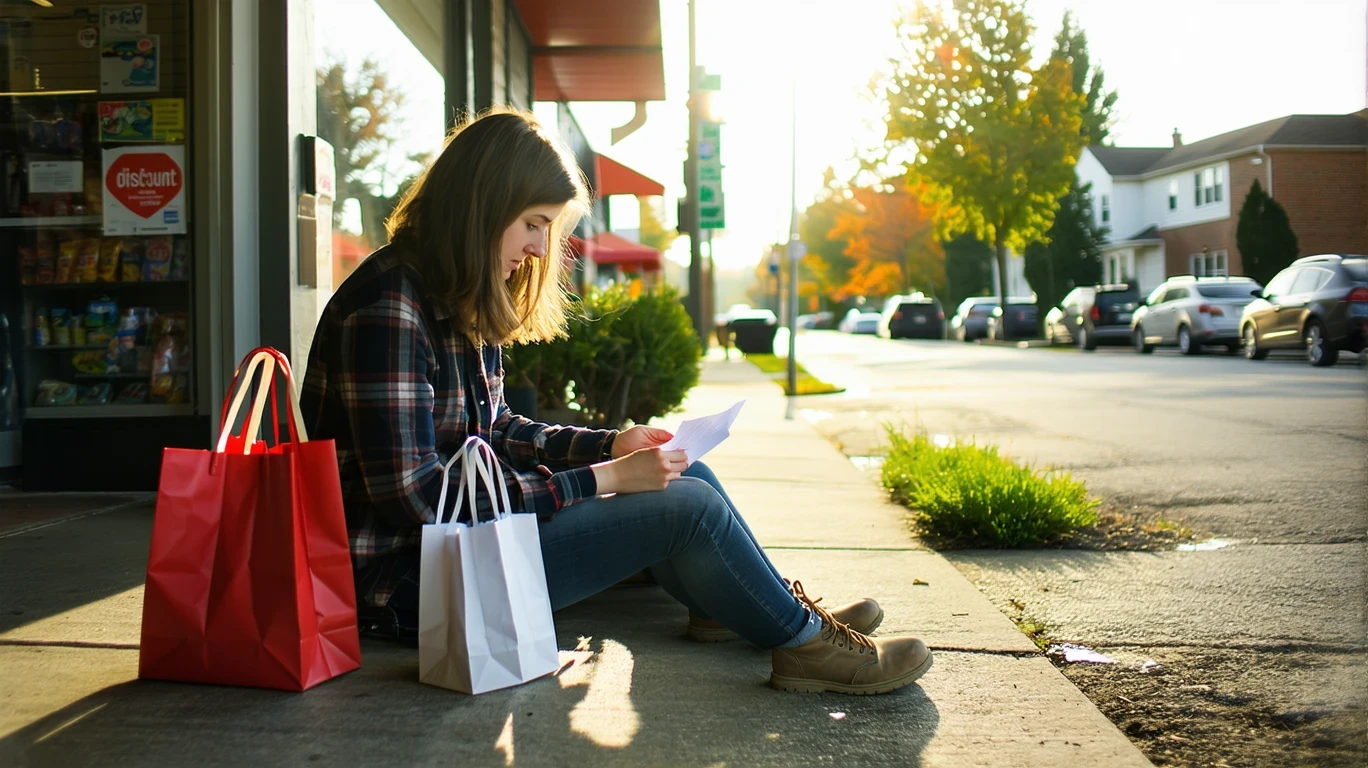 Young woman sitting on curb checking grocery receipt outside local store in Elmhurst, IL suburb.