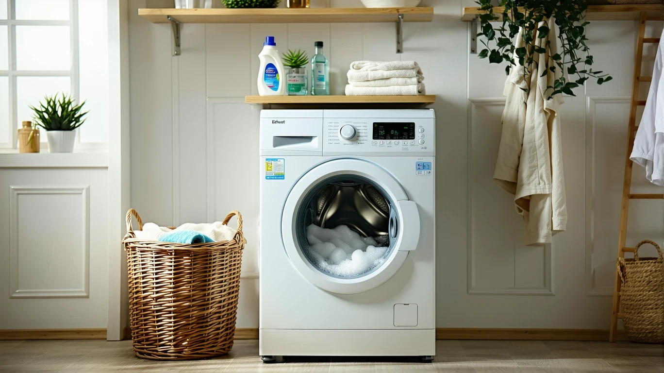 Top-loading washing machine in cycle with detergent bottle on laundry room shelf.