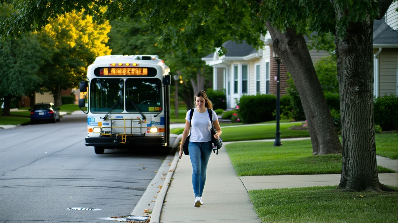 Woman boarding Pace bus in residential Elmhurst neighborhood on sunny afternoon