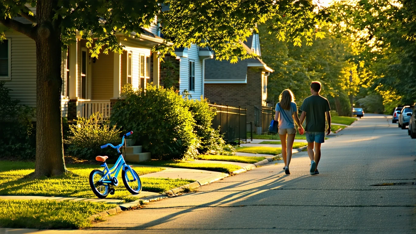 Suburban cul-de-sac with homes and bicycle at dusk in Elmhurst, Illinois.
