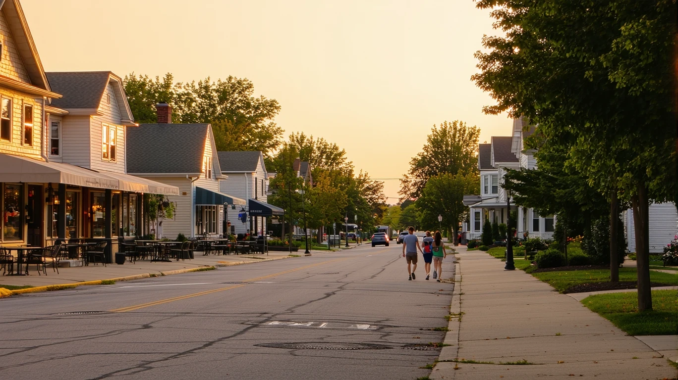 Elmhurst street at dusk with small shops, bungalow homes, and a couple walking.