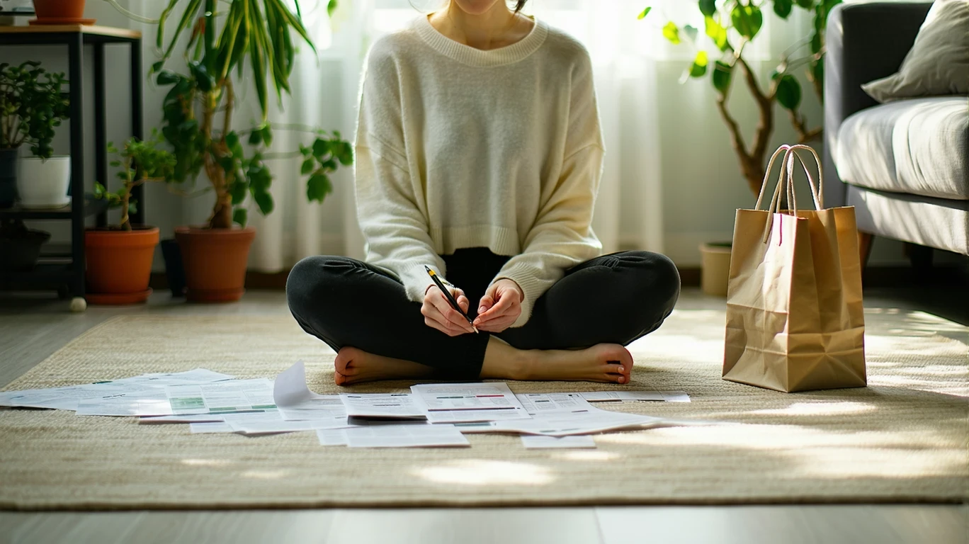 Person sitting on rug looking at receipts and budgeting in sunlit room.