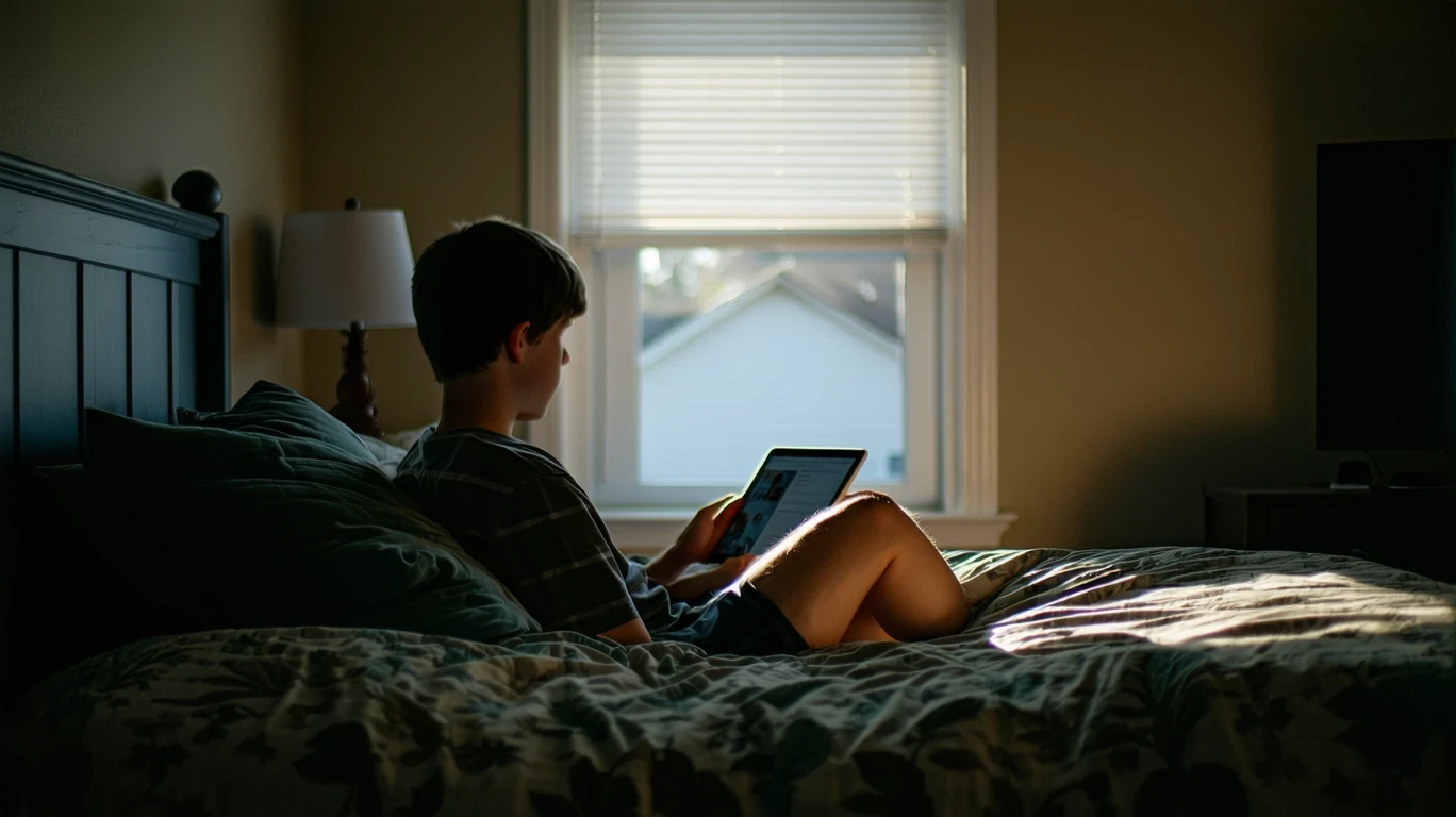 Teenager lounging in bed using tablet, lit by screen and ambient lighting in a bedroom.